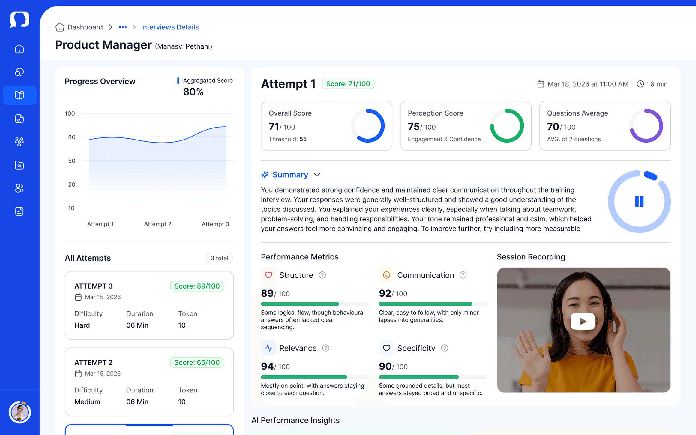 Admissions interview review interface with video playback and feedback.