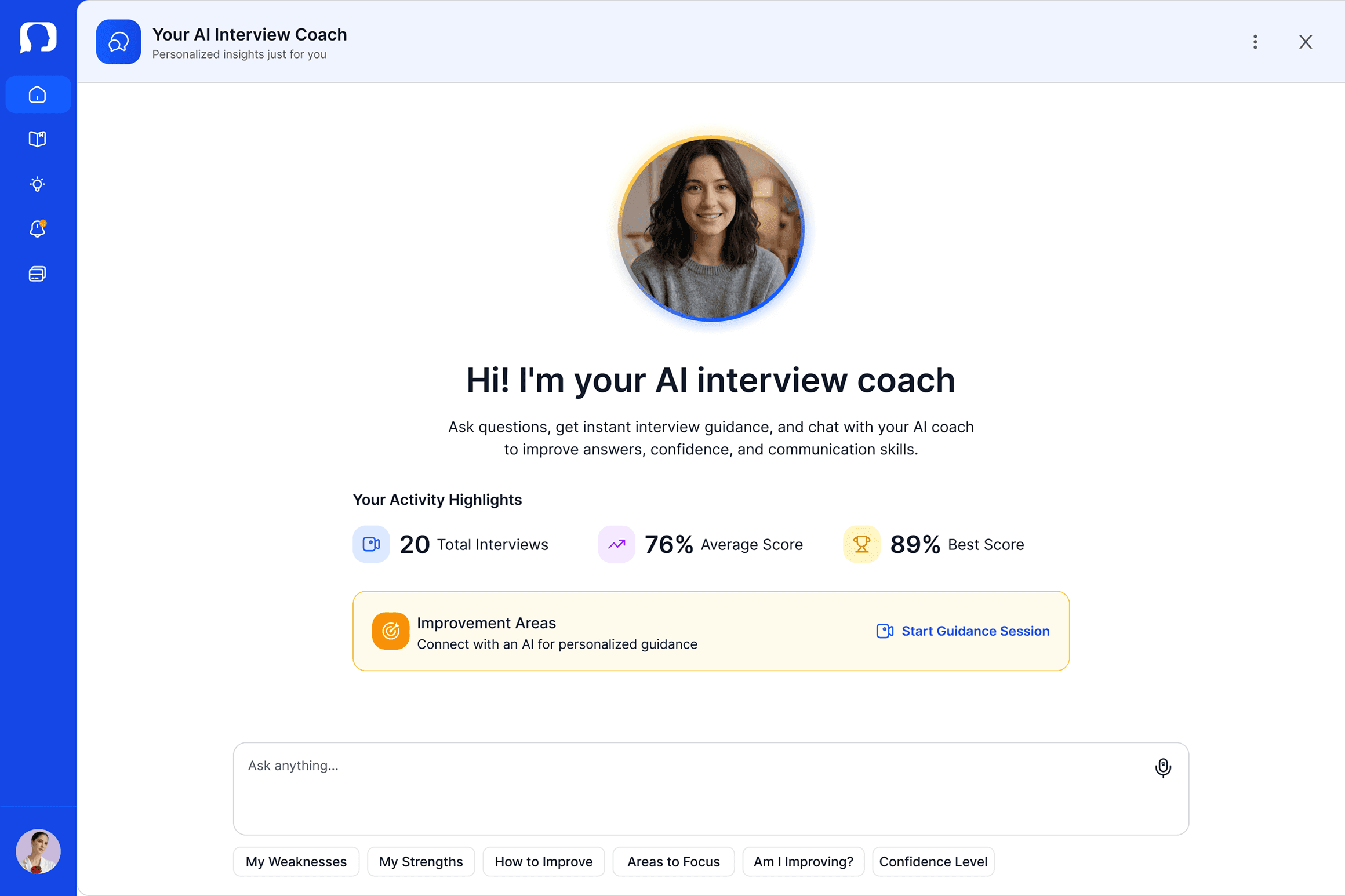 AI Interview Coach dashboard with activity highlights, improvement areas, and chat guidance.
