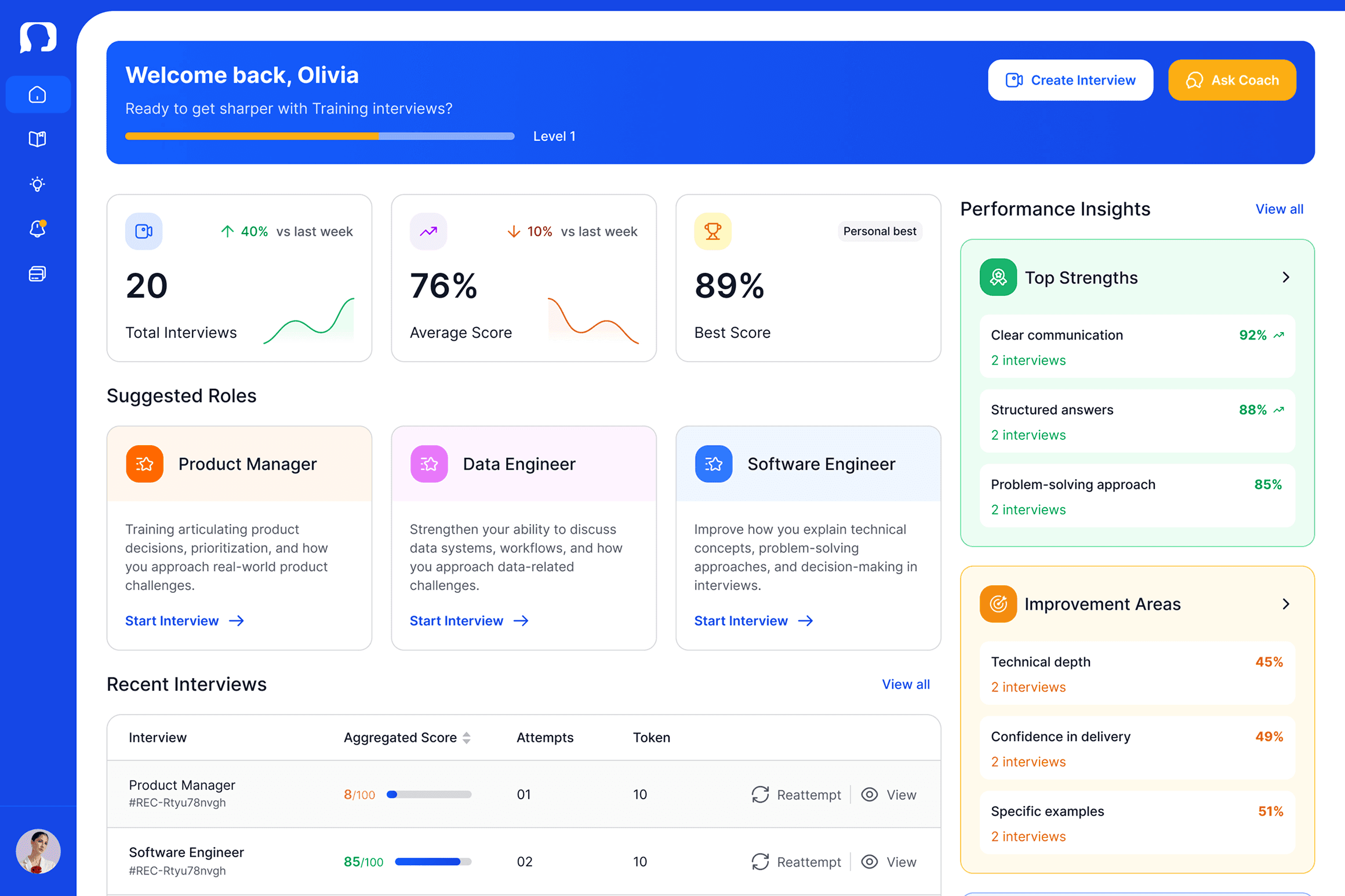 Training interview dashboard with progress, suggested roles, recent interviews, and performance insights.