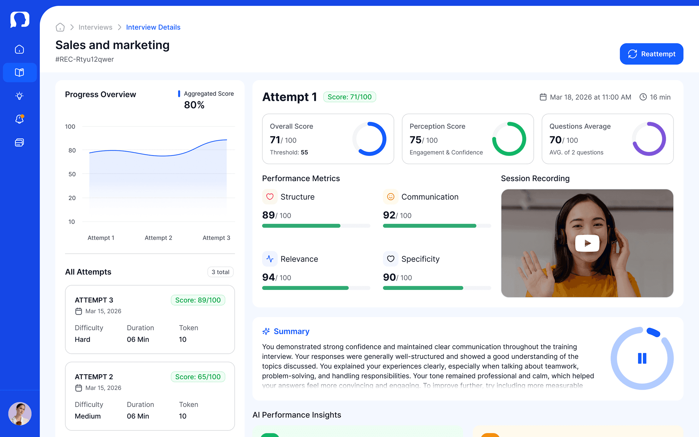 Interview details dashboard with attempt scores, session recording, AI summary, strengths, and improvement areas.