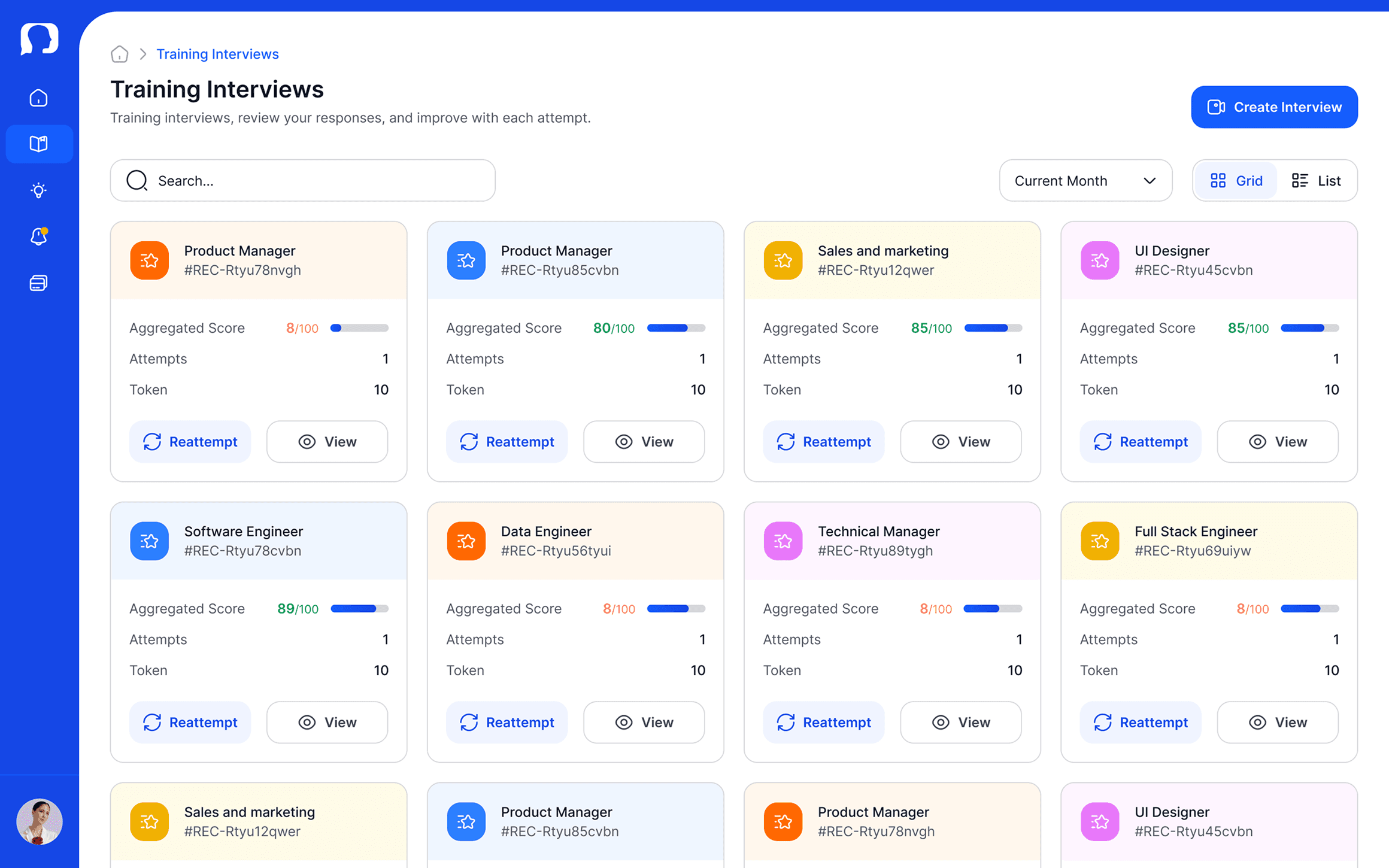 Training interviews dashboard showing role-based practice sessions, scores, and session actions.